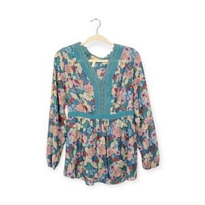 Matilda Jane Multicolor Kookaburra Floral Crochet Trim Top Size L